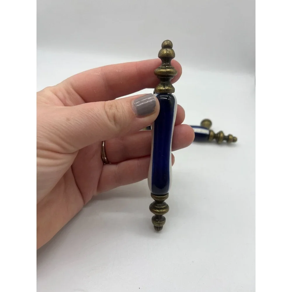 Vintage Drawer Cabinet Door Pulls Blue & White Ceramic Brass Metal Set Lot 2